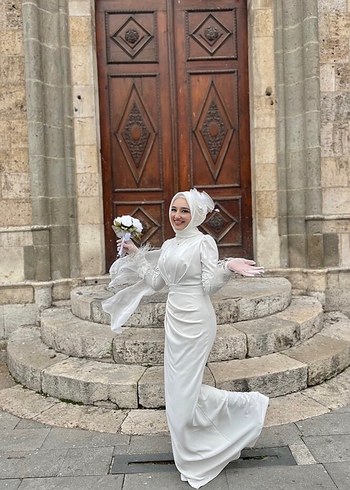 Uzun Kollu Beyaz Drapeli Abiye Elbise nikah elbisesi - Görsel 12