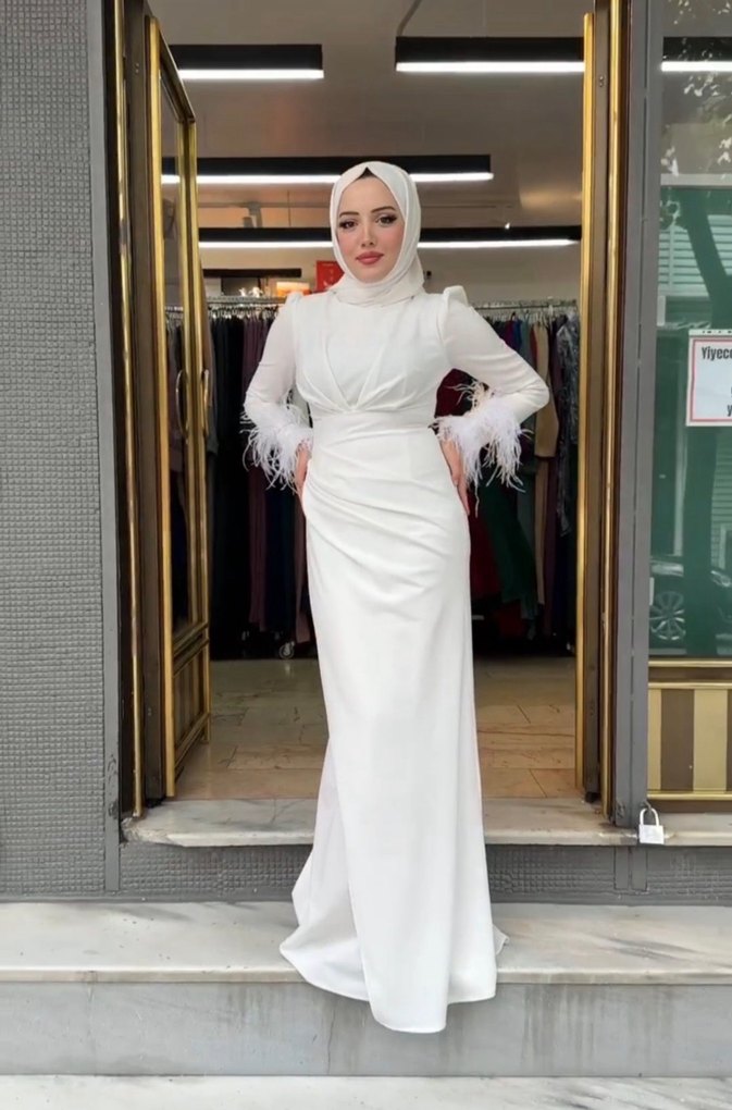 Uzun Kollu Beyaz Drapeli Abiye Elbise nikah elbisesi - Görsel 3