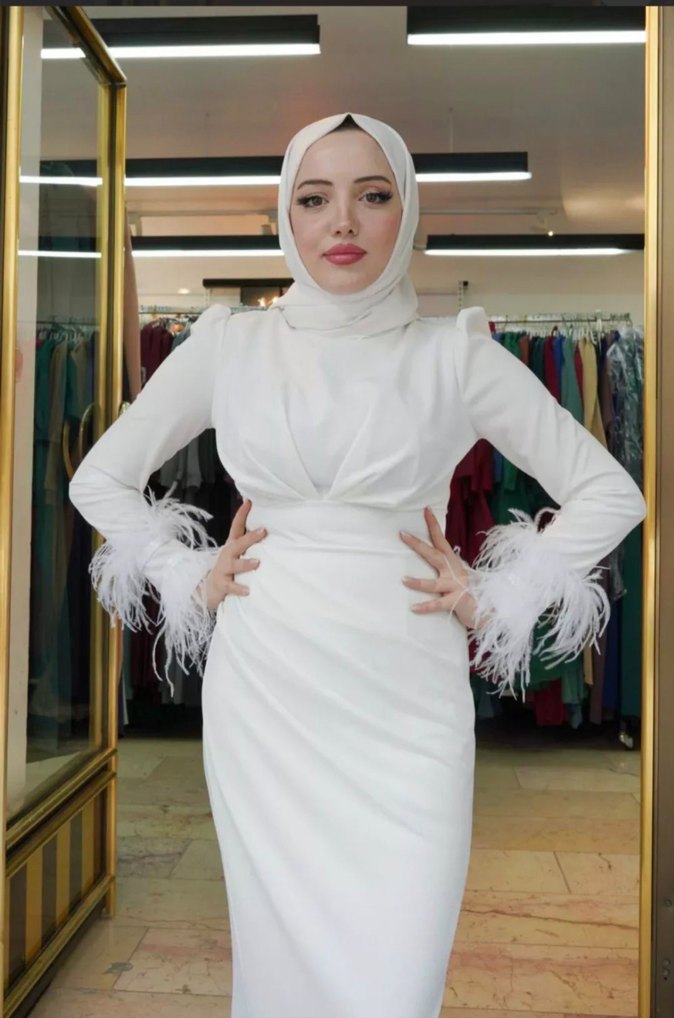 Uzun Kollu Beyaz Drapeli Abiye Elbise nikah elbisesi - Görsel 2