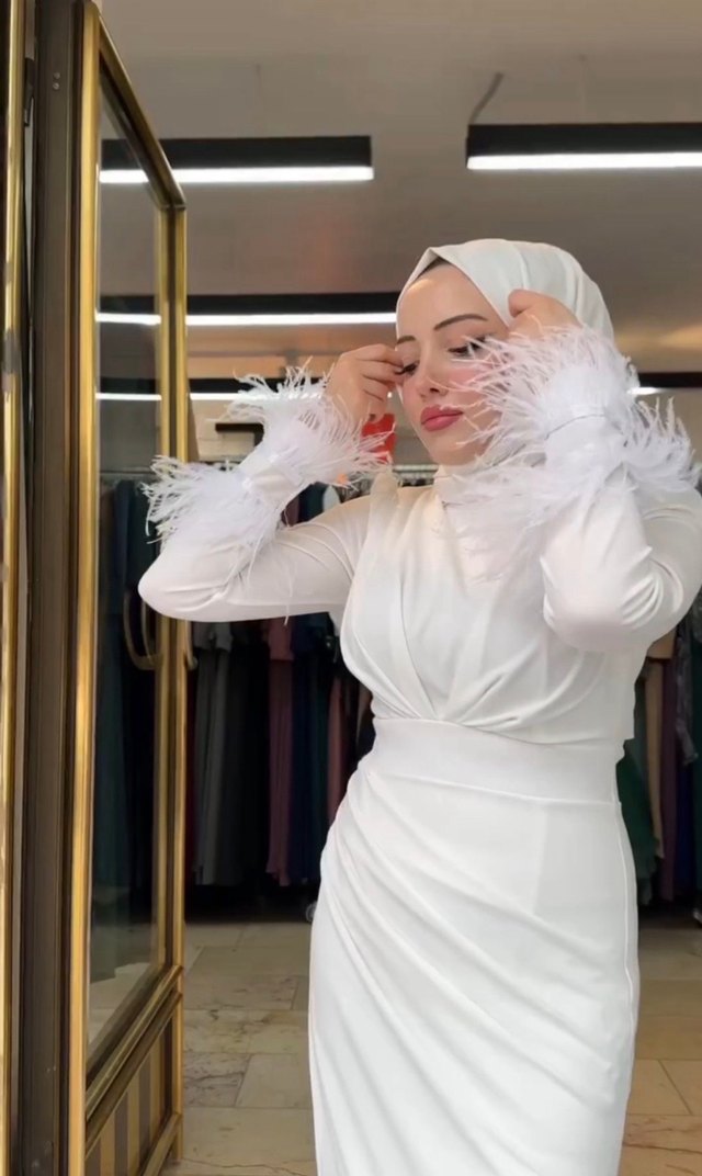 Uzun Kollu Beyaz Drapeli Abiye Elbise nikah elbisesi - Görsel 5