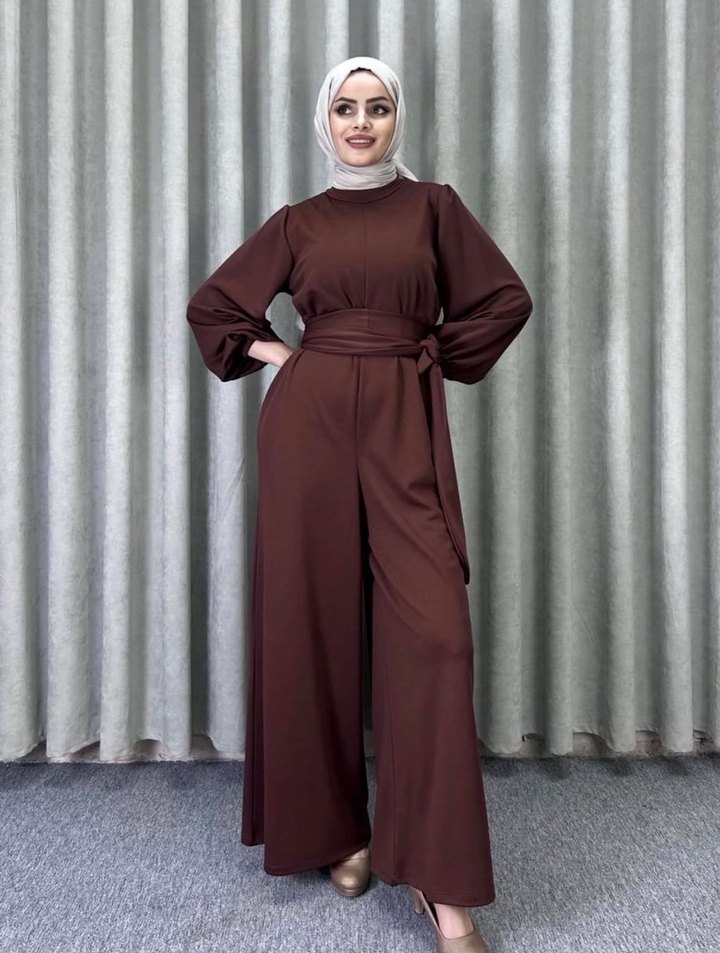 Kemerli Kahverengi Kadın Uzun Tulum - Görsel 3