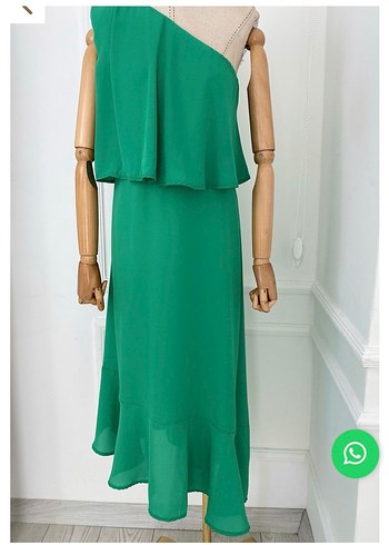 Yeşil Drapeli Tek Omuz Uzun Elbise - Görsel 4