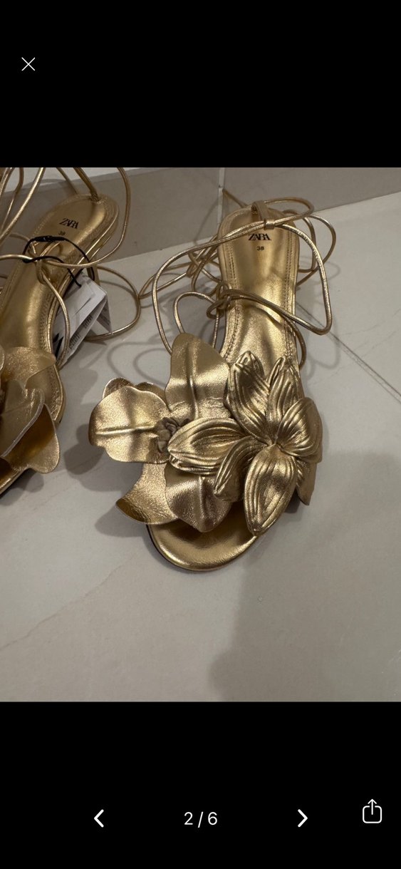 Zara Altın Renkli Çiçek Desenli Dolgu Topuklu Kadın Ayakkabı - Görsel 2