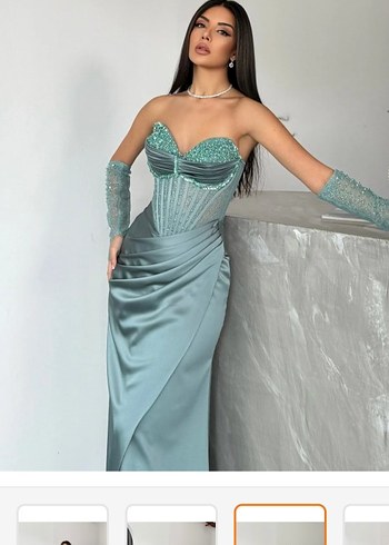 Yırtmaçlı Saten Göğüs Taşlı Abiye - Görsel 2