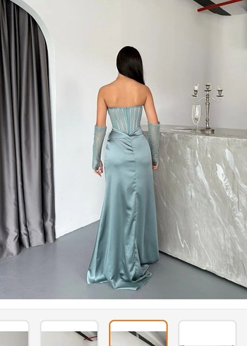 Yırtmaçlı Saten Göğüs Taşlı Abiye - Görsel 5