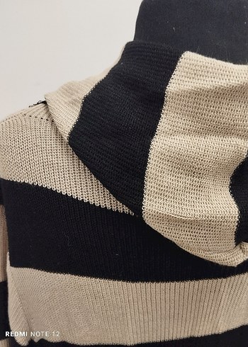 Bej Siyah Çizgili Uzun Kadın Hırka - Görsel 10