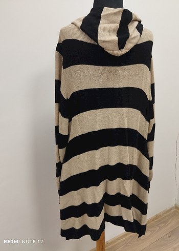 Bej Siyah Çizgili Uzun Kadın Hırka - Görsel 9