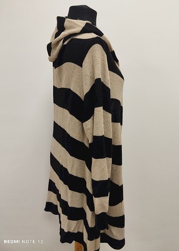Bej Siyah Çizgili Uzun Kadın Hırka - Görsel 3