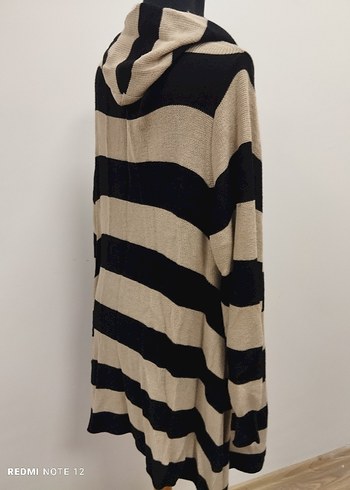 Bej Siyah Çizgili Uzun Kadın Hırka - Görsel 4