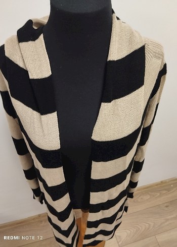 Bej Siyah Çizgili Uzun Kadın Hırka - Görsel 8