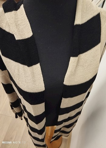Bej Siyah Çizgili Uzun Kadın Hırka - Görsel 7