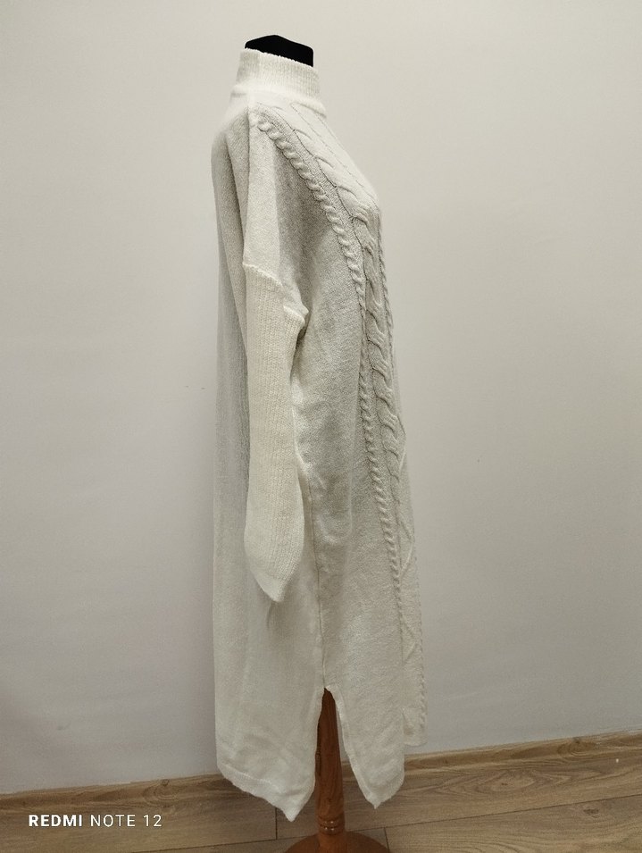 Bohem Uzun Örgü Beyaz Kadın Kazak - Görsel 4