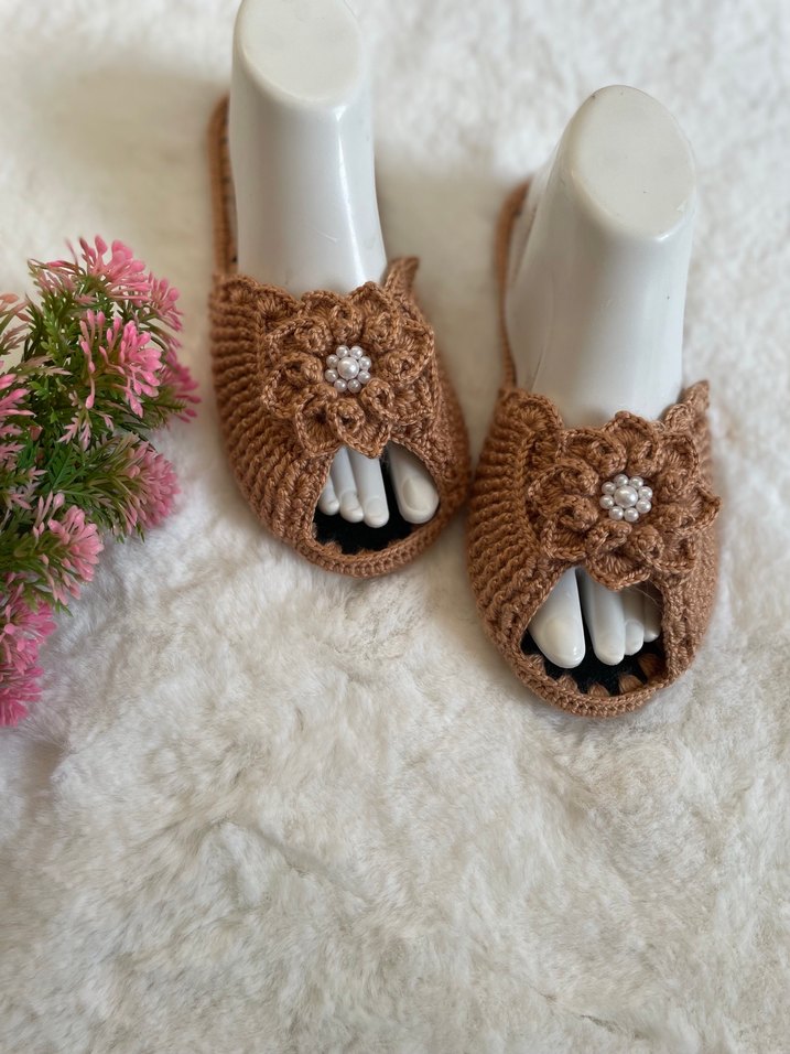 Örgü Kadın Terlik Çiçek Detaylı Dolgu Topuk - Görsel 2