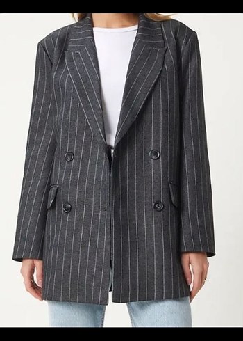 Çizgili Gri Kadın Blazer Ceket