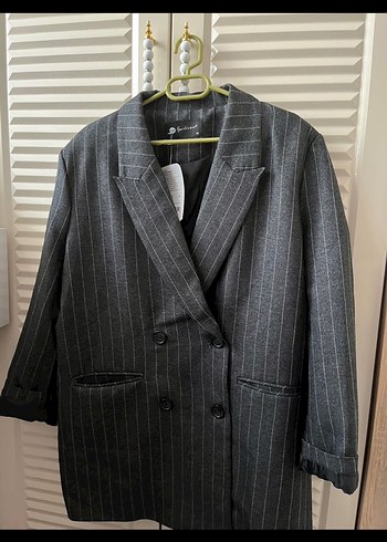 m Beden gri Renk Çizgili Gri Kadın Blazer Ceket