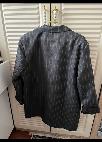 m Beden Çizgili Gri Kadın Blazer Ceket