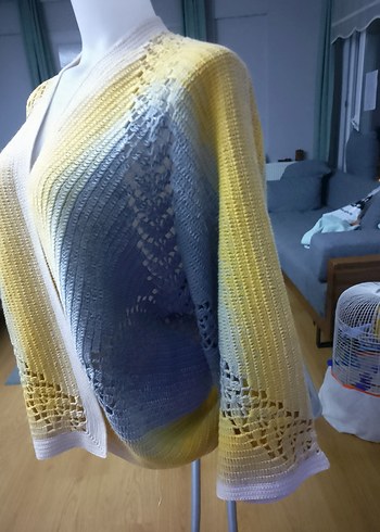 Sarı Gri Bağlamalı Örgü Kadın Hırka - Görsel 4