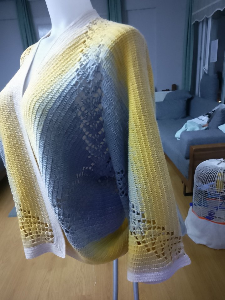 Sarı Gri Bağlamalı Örgü Kadın Hırka - Görsel 4