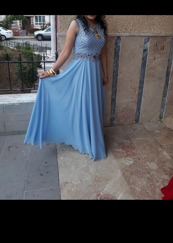 Boncuk İşlemeli Mavi Uzun Abiye Elbise - Görsel 2