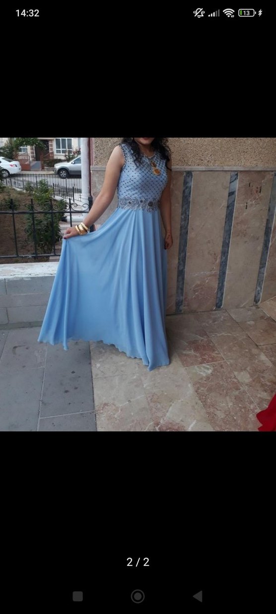 Boncuk İşlemeli Mavi Uzun Abiye Elbise - Görsel 2