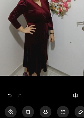 xl Beden Bordo V Yaka Uzun Kadın Elbise