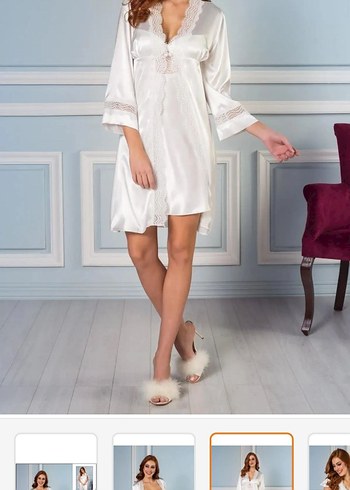 Pierre Cardin İnce Askılı Beyaz Mini Saten Gecelik Takımı 5 li