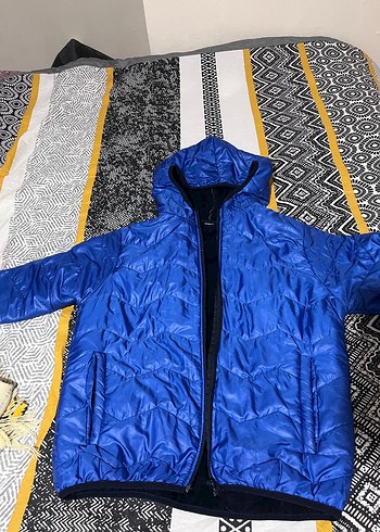 Mavi Kapüşonlu Fermuarlı cocuk Kış montu - Görsel 2