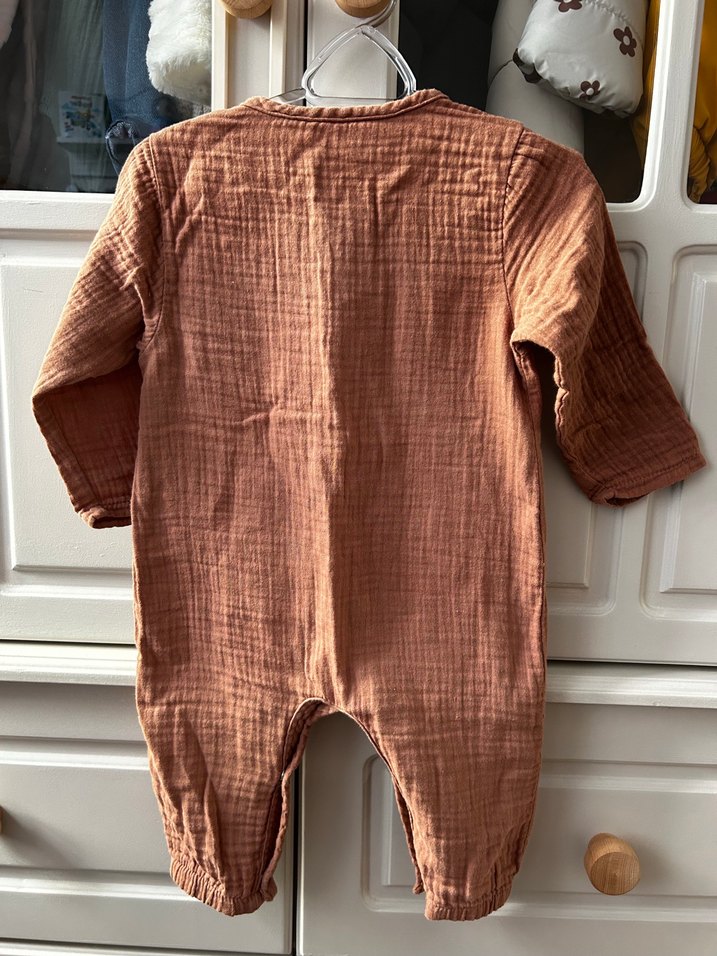 Düğmeli Koyu Kahverengi Bebek Kız Tulum keten - Görsel 4