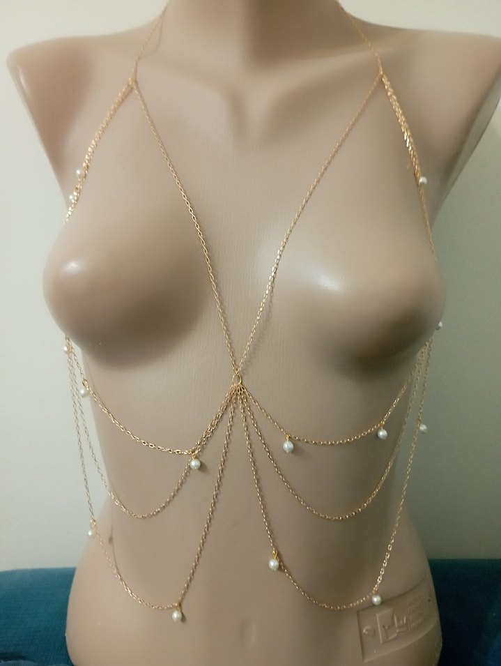 İnci Detaylı Altın Rengi Vücut Zinciri - Görsel 2