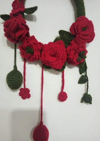 Koyu Kırmızı Çiçek Desenli Örgü duvar süsü - Görsel 5