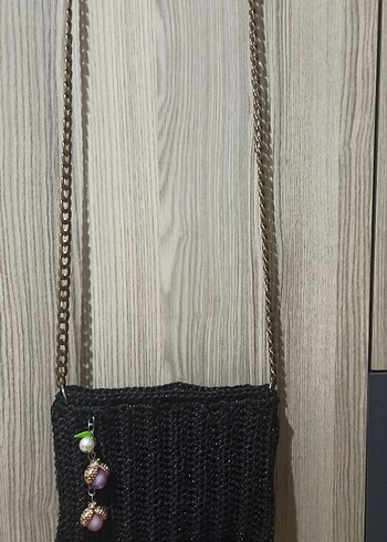 Zincir Detaylı Siyah Örgü Kadın Çanta - Görsel 2