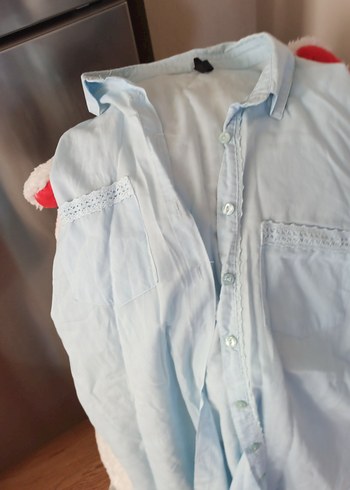 Mavi Keten Uzun Kollu Düğmeli Gömlek - Görsel 7