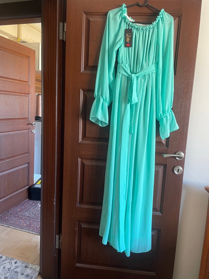 Turkuaz Drapeli Hamile Uzun Elbise - Görsel 5