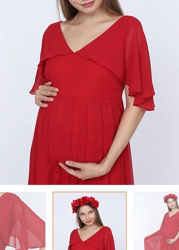 Kırmızı Uzun Hamile Abiye Elbise - Görsel 4