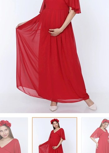 Kırmızı Uzun Hamile Abiye Elbise - Görsel 3
