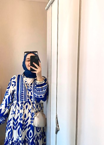 Mavi Etnik Desenli Uzun Bohem Elbise