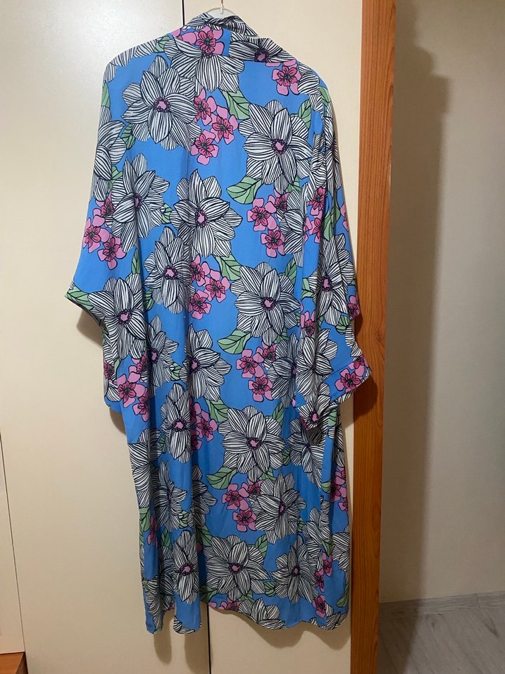 Uzun Mavi Çiçekli Bohem Kimono - Görsel 2