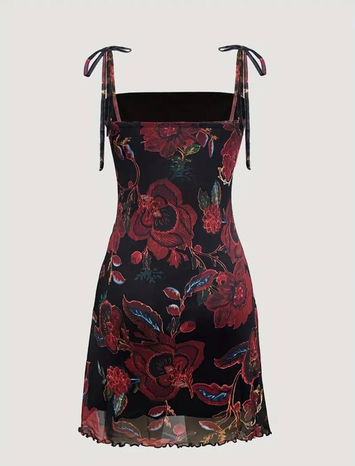 y2k Bordo Çiçek Desenli mini elbise vintage american - Görsel 2