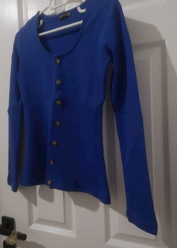 Düğmeli Mavi Kadın İnce Triko - Görsel 3