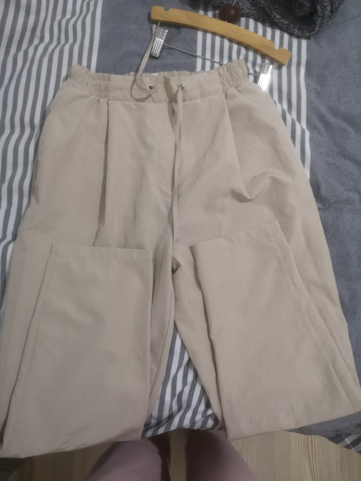 Bej Bol Kesim Keten Kumaş Kadın Pantolon - Görsel 4