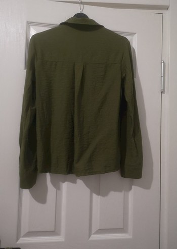 Haki Kadın Keten Gömlek, Uzun Kollu, Düğmeli - Görsel 4