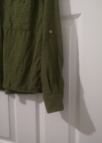 Haki Kadın Keten Gömlek, Uzun Kollu, Düğmeli - Görsel 3