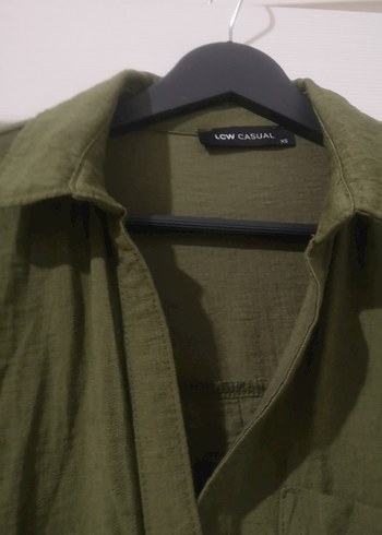 Haki Kadın Keten Gömlek, Uzun Kollu, Düğmeli - Görsel 2