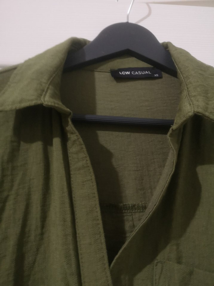 Haki Kadın Keten Gömlek, Uzun Kollu, Düğmeli - Görsel 2