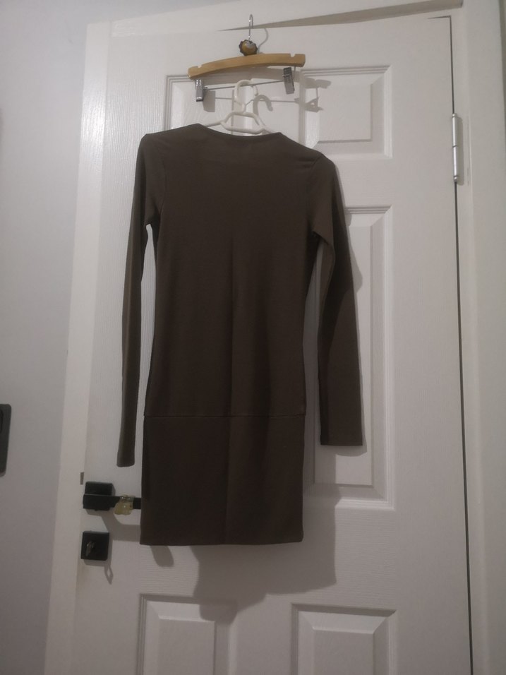 Bej Uzun Kollu V Yaka Mini Elbise - Görsel 4