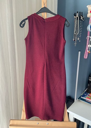 Bordo Sıfır Kol Midi Abiye Elbise - Görsel 2