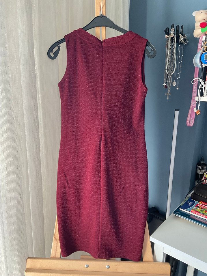 Bordo Sıfır Kol Midi Abiye Elbise - Görsel 2