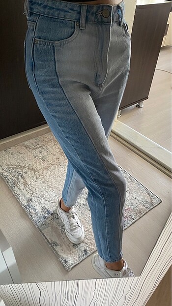 Mavi Bloklu Mom Jean