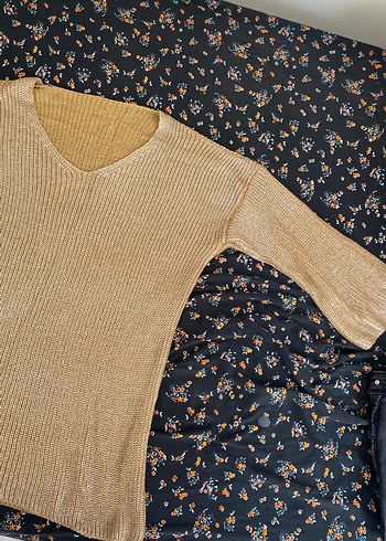 V Yaka Kahverengi Triko Kadın Kazak - Görsel 2