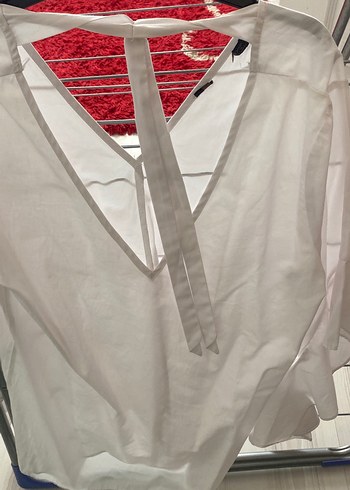 Beyaz V Yaka Keten Kadın Mini Gömlek - Görsel 4